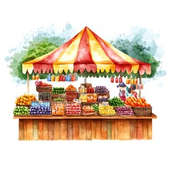 Canvas Print - Watercolor Illustration of a Vibrant Farmers Market Stall with Fresh Produce.