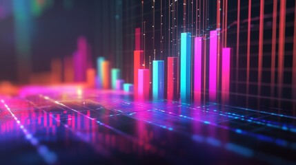 Poster - A 3D financial bar chart with vibrant colors rising against a futuristic digital background, symbolizing business growth and success.