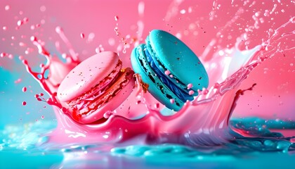 Wall Mural - Vibrant Macarons in Dynamic Splash of Pink and Blue, Capturing Motion and Freshness