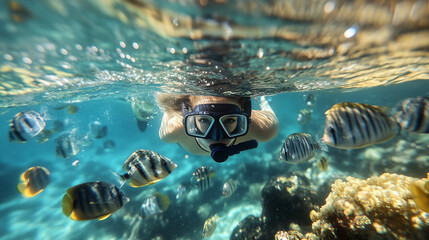 Person Snorkeling in Crystal-Clear Water with Tropical Fish