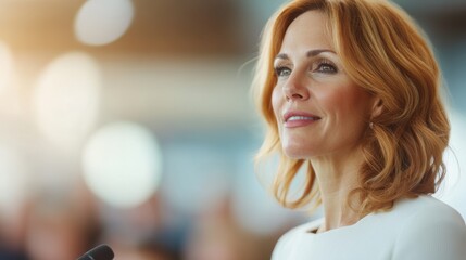 a confident red-haired woman in a white dress stands at a podium, addressing a blurred audience, sho