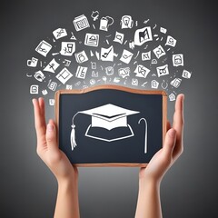 Two hands holding a chalkboard with a graduation cap and tassel drawn on it. Various educational icons are floating around it.

