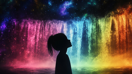 Wall Mural - childs silhouette stands against vibrant, multicolored waterfall, creating magical and enchanting at