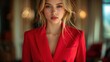 © nataliya_ua - Elegant portrait of a young woman in a sophisticated red suit against a neutral background in soft lighting. Generative AI