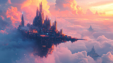 Wall Mural - breathtaking city floats on cloud, surrounded by swirling pastel clouds and vibrant sunset. ethereal