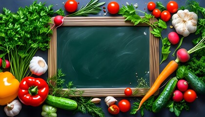 Wall Mural - Freshly Harvested Vegetables and Aromatic Herbs on a Blackboard Canvas