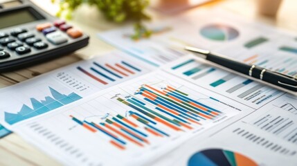 Wall Mural - Close-up of a desk with financial charts, a calculator, and a pen.