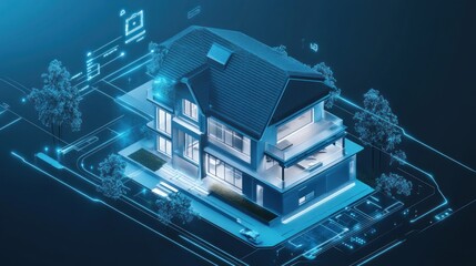 Poster - smart home with glowing neon lines and icons in dark blue background.