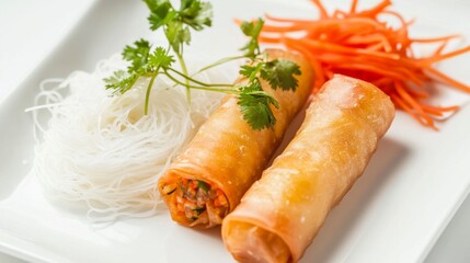 Wall Mural - A beautifully plated serving of crispy Thai spring rolls with a side of noodles, garnished with fresh vegetables, set on a white background for contrast