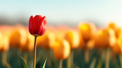 A single red tulip standing proudly amidst a field of yellow tulips, symbolizing individuality and the beauty of nature, under a clear blue sky, capturing a serene spring moment.