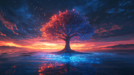 Wall Mural - fantastical tree stands majestically in middle of vibrant landscape, illuminated by stunning sunset.