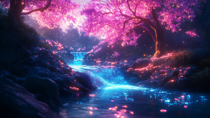 Wall Mural - serene fantasy world where vibrant rivers flow with neon colors, surrounded by blooming pink trees a