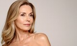 Gorgeous 50s mid aged mature woman looking at camera.  Healthy face skin. Mature old lady close up portrait. skincare cosmetics concept