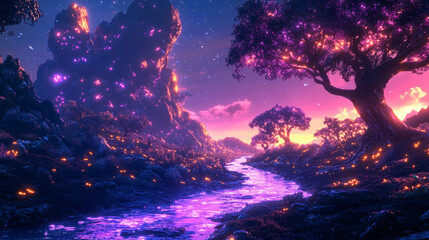 Wall Mural - vibrant fantasy landscape features river flowing with neon colors, surrounded by glowing trees and m