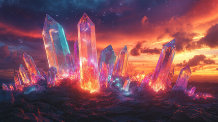 Wall Mural - stunning field of multicolored crystals glistens under vibrant sunset, creating magical and enchanti