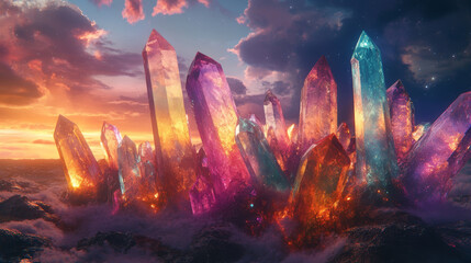 Wall Mural - stunning field of multicolored crystals rises majestically against vibrant sunset, reflecting hues o