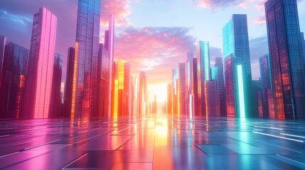 Poster - vibrant futuristic cityscape features towering skyscrapers with shifting holographic surfaces, refle
