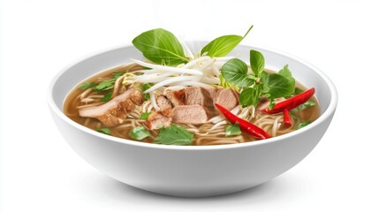 A bowl of steaming Thai noodle soup with fresh herbs, bean sprouts, and tender slices of meat, presented against a clean, white background