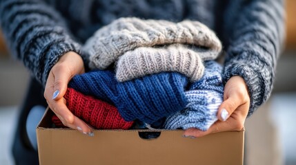 several hands holding a box brimming with assorted warm, knitted clothing items, representing commun