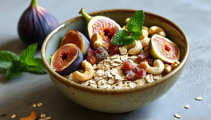 Wall Mural - Nutritious oatmeal bowl adorned with fresh figs, crunchy cashews, and a mint sprig for a delightful morning boost