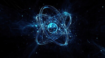 Wall Mural - abstract blue glowing atom symbol.