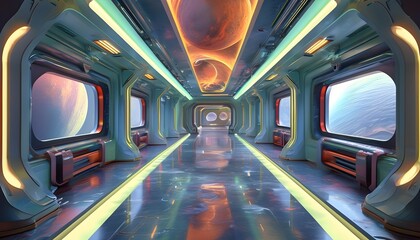 Wall Mural - Futuristic pastel sci-fi corridor featuring an expansive view of distant planets