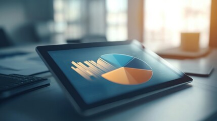 Wall Mural - a tablet displaying a pie chart and bar graph on a desk.