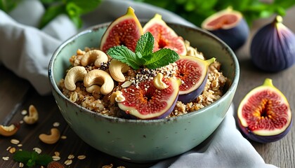 Wall Mural - Nutritious oatmeal bowl adorned with fresh figs, crunchy cashews, and a mint sprig for a delightful morning boost