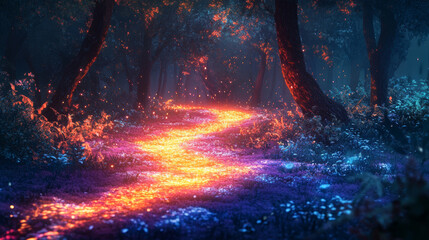 Wall Mural - glowing path of colors winds through surreal forest, illuminated by vibrant hues and surrounded by e