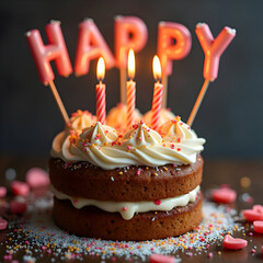 A festive cake topped with colorful candles and decorations, perfect for celebrating a birthday or special occasion