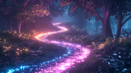 Wall Mural - glowing path of colors winds through surreal forest, creating magical atmosphere filled with vibrant