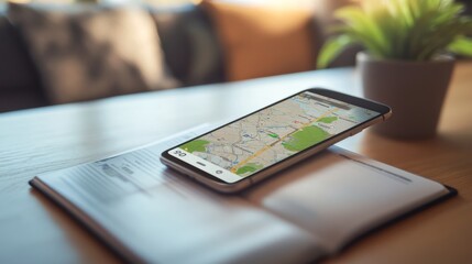 Wall Mural - a smartphone displaying a map rests on an open book, with a cozy background featuring a plant and so