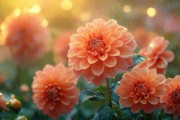 panoramic view of lush dahlia garden at sunset raindrops glistening on vibrant petals rustic elements and golden light create a romantic enchanting atmosphere