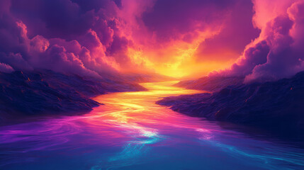 Wall Mural - vibrant river of colors flows through abstract landscape, illuminated by stunning sunset. scene evok