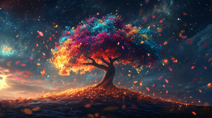 Wall Mural - glowing tree with multicolored leaves stands majestically against starry sky, surrounded by floating