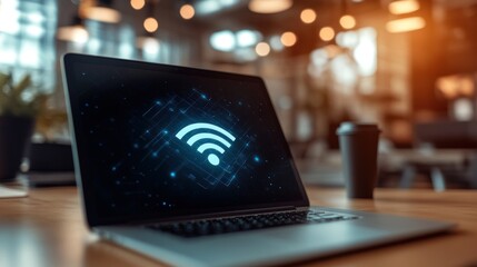 Sticker - laptop with glowing wifi icon on screen, sitting on a wooden table.