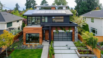 Modern Suburban House with Solar Roof and Electric Vehicle Charging Station for Sustainable Living