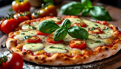 Wall Mural - Explosive close-up of freshly baked pizza topped with vibrant tomatoes, aromatic basil, and melted cheese showcasing irresistible freshness and flavor