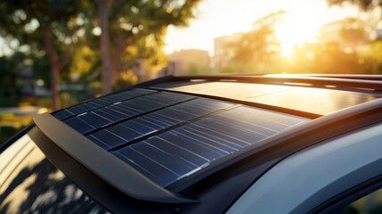 Wall Mural - A modern car with solar panels on its roof, illuminated by the warm glow of the sunset, showcasing eco-friendly technology and sustainable energy.