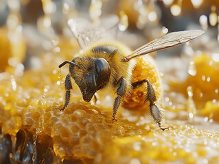 Wall Mural - Honeybee on Honeycomb - Close Up Macro Photography