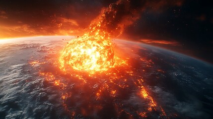 A fiery meteor crashes into the Earth, creating a massive explosion and sending shockwaves across the planet.