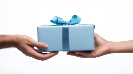 Two hands exchanging a large blue gift box against a plain background, capturing the spirit of giving and sharing during any celebration