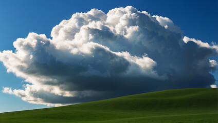 A single fluffy cloud drifts in a clear blue sky, casting a gentle shadow over the rolling green hills below.