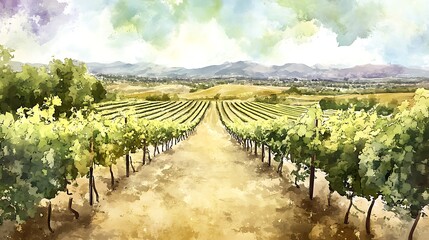 Wall Mural - Watercolor Painting of a Vineyard Landscape.