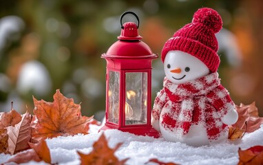 Wall Mural - cheerful snowman with a red knit hat and lantern, sitting among fallen autumn leaves in a snowy land