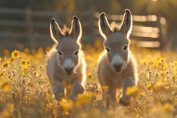 playful baby donkeys frolicking in sunlit meadow fuzzy fur catching golden light long ears perked as they chase each other idyllic farm scene with rustic fence and wildflowers