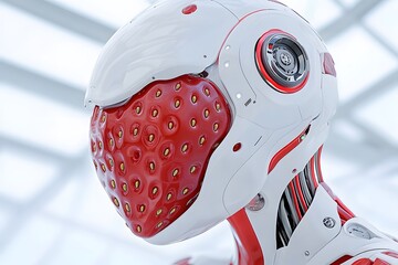 A muscular humanoid robot with the head of an oversized strawberry, wearing red and white with detailed texture and realistic lighting, set against a clean background