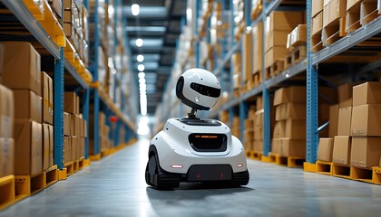 Wall Mural - Autonomous Robot Navigating Warehouse Aisles Showcasing Modern Automation and Advanced Logistics Technology in Industrial Environments