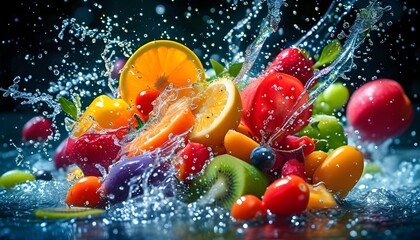 Wall Mural - Vibrant array of fruits and vegetables splashing through water, showcasing freshness and vitality