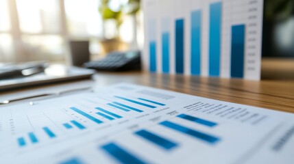 Fototapete - A close-up of a financial bar chart with detailed labels and percentage growth indicators, set on a sleek desktop with financial planning materials.